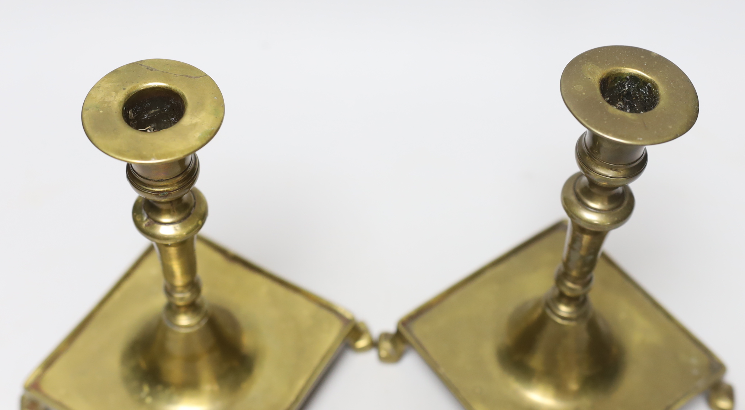 A pair of Spanish brass 17th/18th century candlesticks, 19cm
